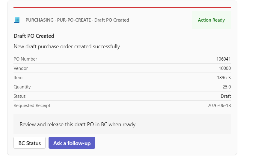 OpsGrid inventory workflow — approved action executing in Business Central