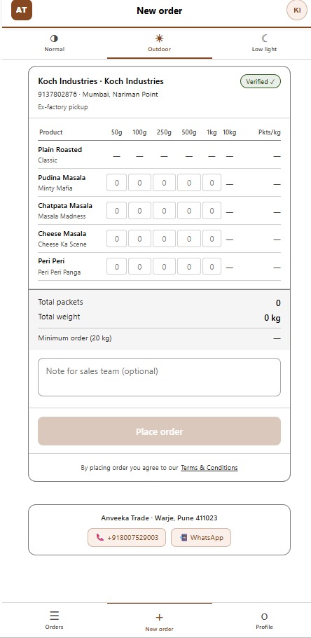 Buyer placing a new order — product grid with pack sizes
