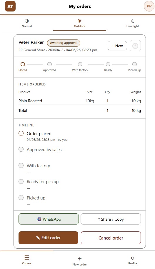 Order tracking view showing 5-stage pipeline: Placed, Approved, With Factory, Ready, Picked Up
