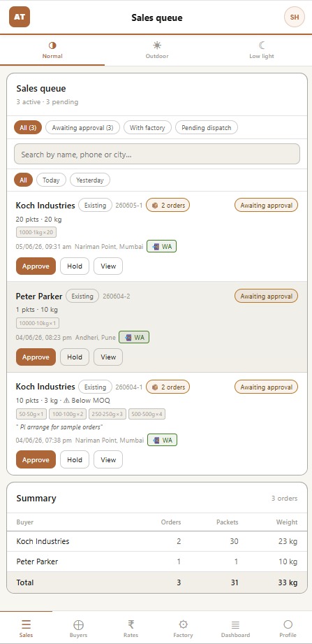 Sales queue — orders awaiting approval with buyer summary and approve actions